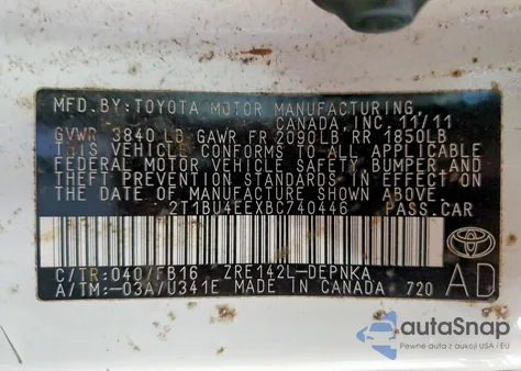 2011 Toyota Corolla Base из США, поврежденный, VIN 2T1BU4EEXBC740446